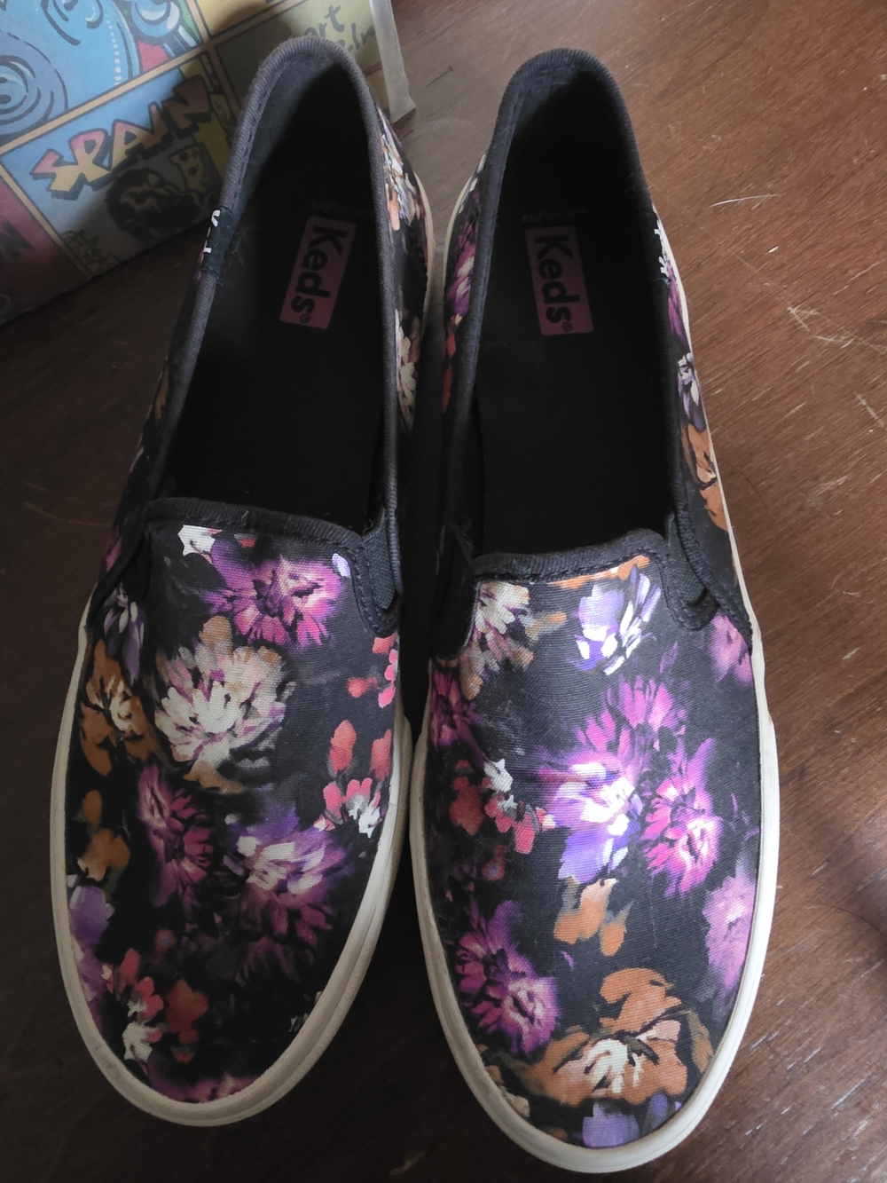 Keds Women's Slip-On Floral Canvas Sneakers - Black/Purple "Worn a Few Times"